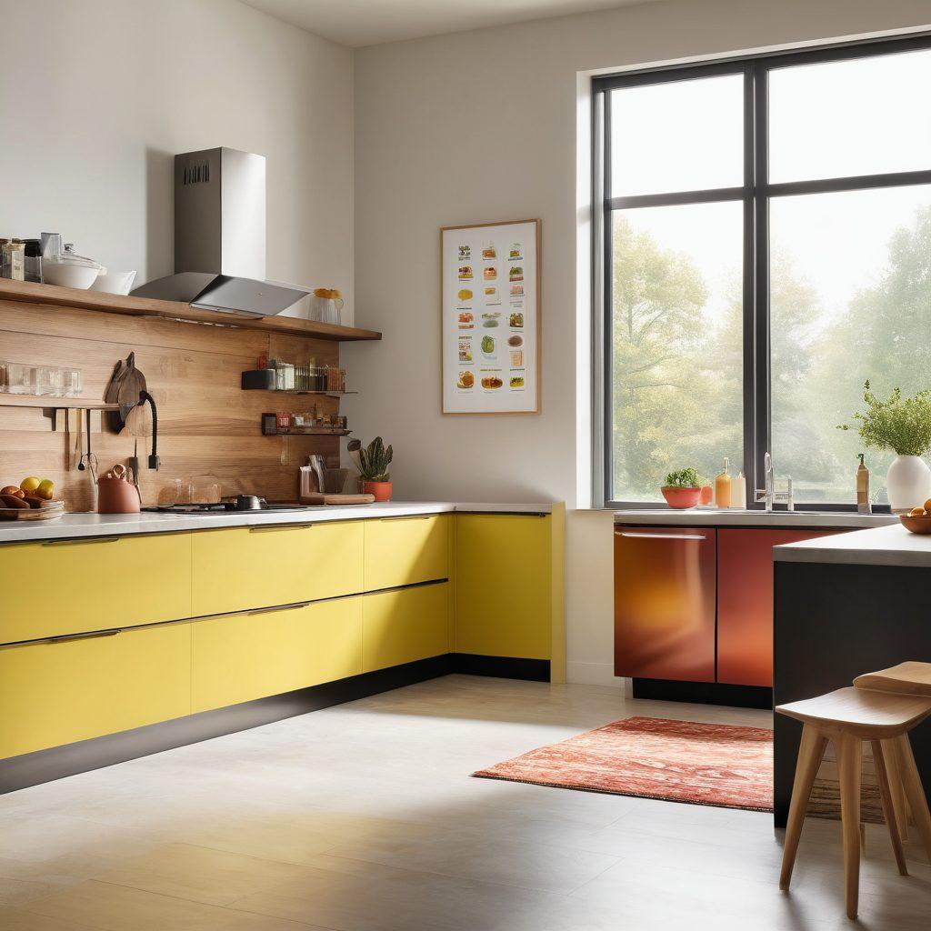A modern kitchen filled with various essential appliances like a sleek refrigerator, smart oven, and a stylish blender, all in use. A cheerful family is gathered around discussing appliance maintenance tips, with infographics illustrating smart shopping tips floating around them. Bright sunlight streams in through a window, adding warmth and a vibrant atmosphere. Minimalistic design with a focus on functionality. super-realistic. vibrant colors.