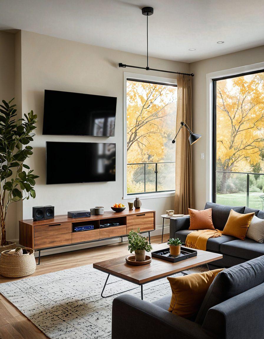A modern living room with various home electronics and appliances like a sleek television, smart speaker, and energy-efficient refrigerator. Include tools for maintenance, such as a screwdriver and cleaning supplies, placed neatly on a coffee table. Soft, natural light streaming through a window to create a warm atmosphere and showcase the functionality of the devices. The background should feature subtle hints of technology and home comfort. super-realistic. vibrant colors. warm lighting.
