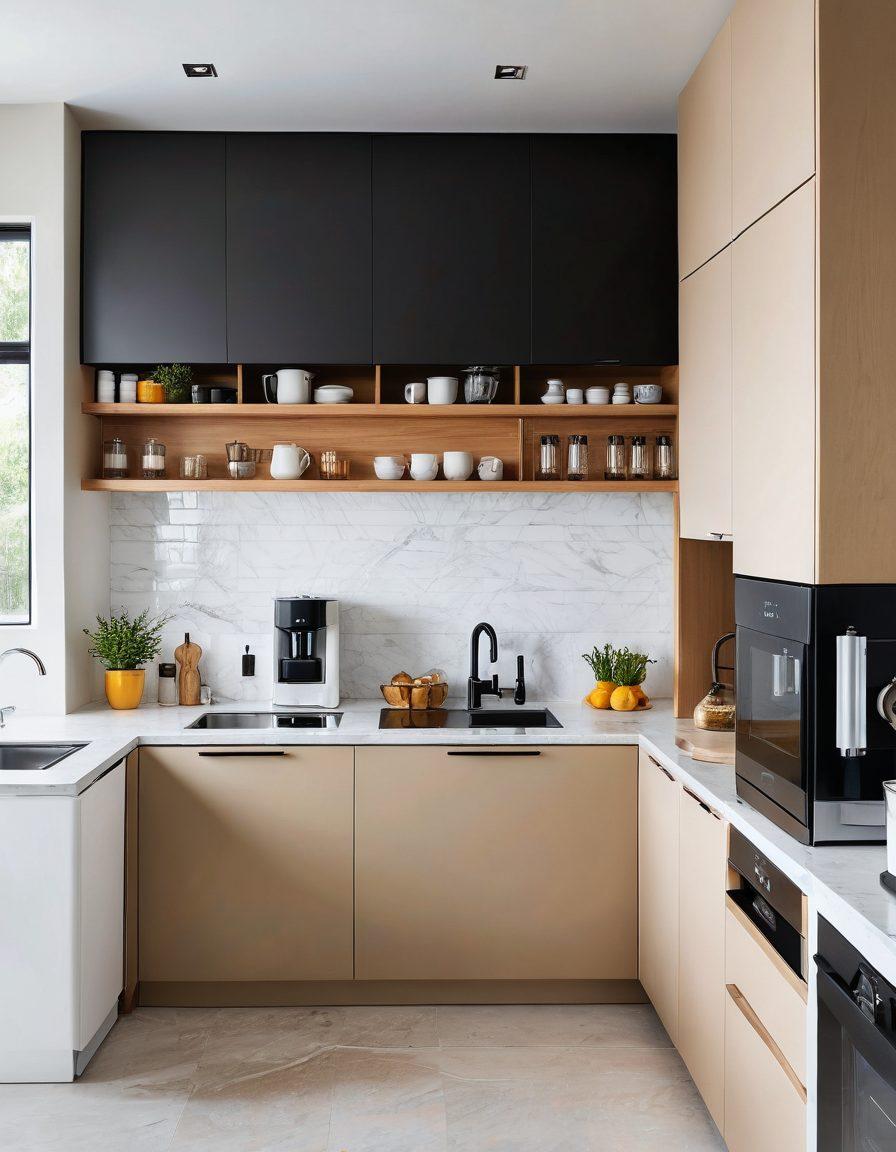 A modern kitchen showcasing various smart gadgets like a high-tech blender, digital scale, and a stylish coffee maker, seamlessly blending into a laundry area with smart washing machines and versatile storage solutions. The scene should be bright and organized, emphasizing functionality and innovation, with a warm and inviting color palette. super-realistic. vibrant colors. white background.